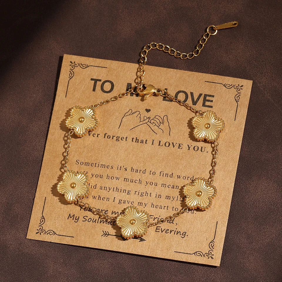 Gold-Plated Five-Leaf Clover Charm Bracelet