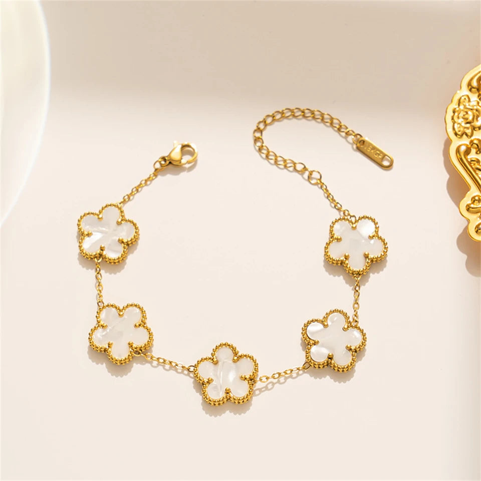 Gold-Plated Five-Leaf Clover Charm Bracelet