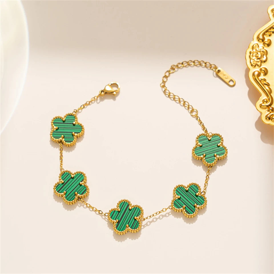 Gold-Plated Five-Leaf Clover Charm Bracelet