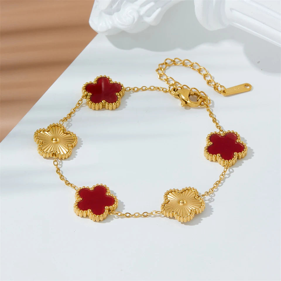 Gold-Plated Five-Leaf Clover Charm Bracelet