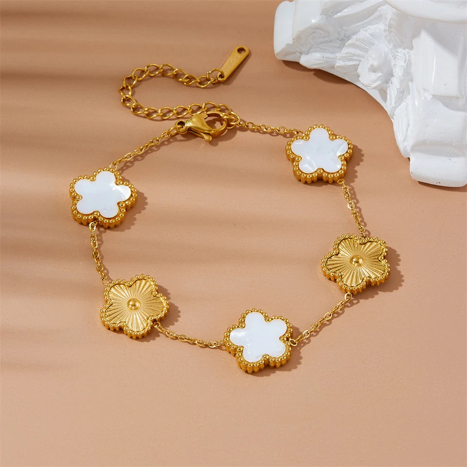 Gold-Plated Five-Leaf Clover Charm Bracelet