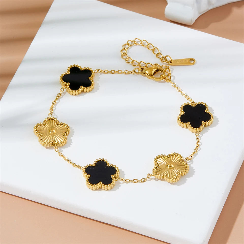 Gold-Plated Five-Leaf Clover Charm Bracelet