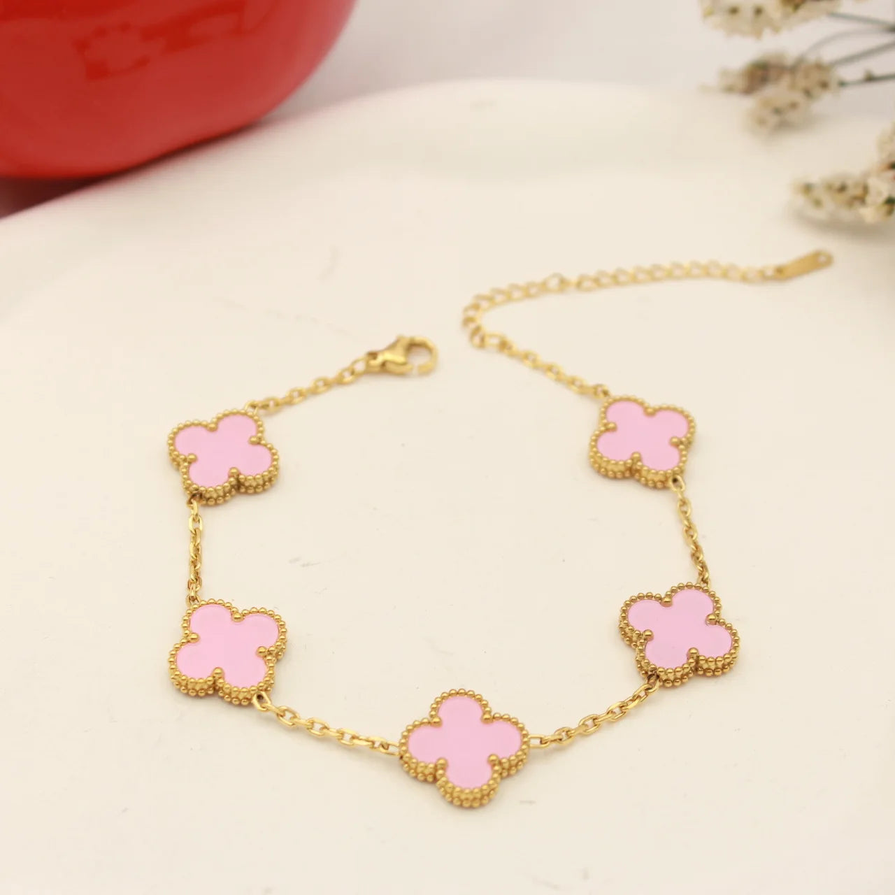 Gold-Plated Five-Leaf Clover Charm Bracelet